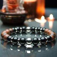 Obsidian - Mahogany Obsidian + Black Onyx + Silver Hematite Custom Size Round Smooth Stretch (8mm) Natural Gemstone Crystal Energy Bead Bracelet