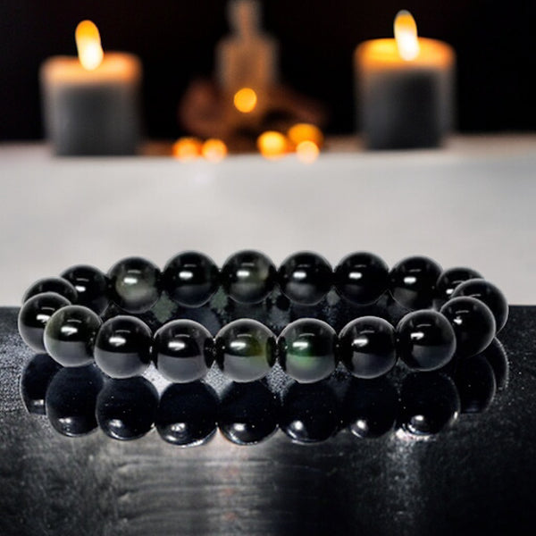 Obsidian - Rainbow Obsidian Round Smooth Stretch (10mm Grande) Natural Gemstone Crystal Energy Bead Bracelet