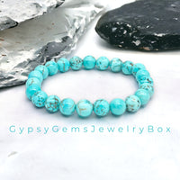 Turquoise - Blue Custom Size Round Smooth Stretch (8mm or 10mm) Natural Gemstone Crystal Energy Bead Bracelet