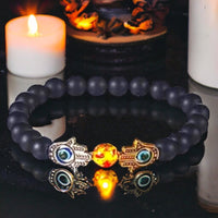 Onyx - Black Onyx•Amber•Evil Eye•Hamsa Hand•Silver and Gold Custom Size Round Smooth Stretch (8mm) Natural Gemstone Crystal Energy Bead Bracelet