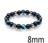 Triple Protection - Tiger Eye Teal Blue + Black Onyx + Hematite Custom Size Round Smooth Stretch (8mm or 10mm beads) Natural Gemstone Crystal Energy Bead Bracelet