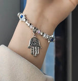 Evil Eye Hamsa Hand Charm Gray Lava Crystal Bead Energy Bracelet