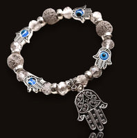 Evil Eye Hamsa Hand Charm Gray Lava Stone Crystal Bead Energy Bracelet