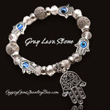 Evil Eye Hamsa Hand Charm Gray Lava Stone Crystal Bead Energy Bracelet