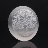 Selenite Engraved Etching Palm Worry Stone Crystal: 7 Chakra, Tree of Life, Meditate, Flower of Life
