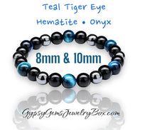 Triple Protection Crystal Gemstone Tiger Eye Teal Blue - Onyx - Hematite Energy Bead Bracelets (8mm and 10mm beads)