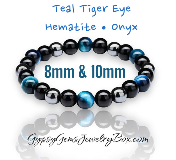 Tiger Eye Teal Blue - Onyx - Hematite Triple Protection Energy Bracelets (8mm and 10mm beads)