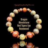 BLOODSTONE Dragon Bloodstone & Red Tigers Eye & Rosewood Energy Bead Bracelet Limited Series Grandi 12mm