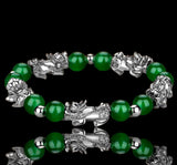 Feng Shui - Pixiu Green Jade Gold or Silver Dragons Wealth Luck Stretch (8mm) Natural Gemstone Crystal  Energy Bead Bracelet