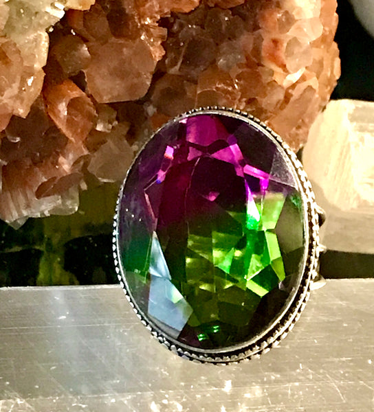 Tourmaline Bi-Color Changing Genuine Faceted Gemstone .925 Sterling Silver Oval Statement Ring (Size: 8.75)