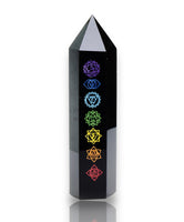 Black Obsidian Etched 7 Chakra Symbols Obelisk Point Crystal Tower