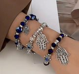 Evil Eye Hamsa Hand Charm Blue Crystal Bead Energy Bracelet