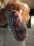Rhodonite Natural Gemstone .925 Sterling Silver Oval Statement Ring (Size 7)