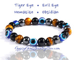 Triple Protection - Tiger Eye Yellow + Evil Eyes + Black Obsidian + Hematite Custom Size Round Smooth Stretch (8mm) Natural Gemstone Crystal Energy Bead Bracelet