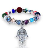 Evil Eye Hamsa Hand Charm Colorful Lava Stone Crystal Bead Energy Bracelet
