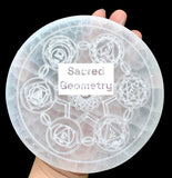 Selenite X-Large Engraved Etching Chakra Sacred Geometry Charging Plate 6” inch Round Disc