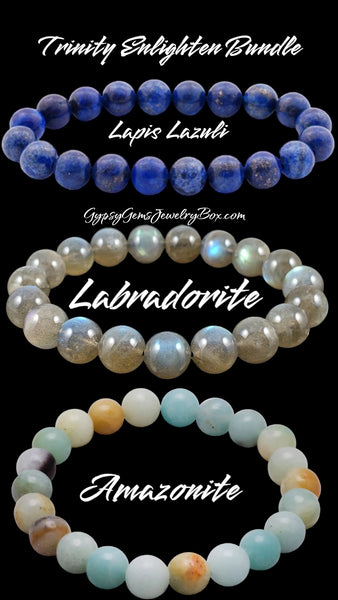 Bundle Enlightened Soul Trinity Set• Lapis Lazuli • Labradorite • Amazonite Gemstone Energy Bead 3 Bracelets Pack  8mm