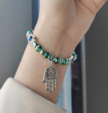 Evil Eye Hamsa Hand Charm Green Crystal Bead Energy Bracelet