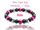 Tiger Eye Pink Rose - Onyx - Hematite Triple Protection Energy Bracelets (8mm and 10mm beads)