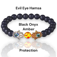 Onyx - Black Onyx + Amber + Evil Eye Hamsa Hand Silver and Gold Custom Size Round Smooth Stretch (8mm) Natural Gemstone Crystal Energy Bead Bracelet