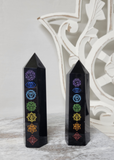 Black Obsidian Etched 7 Chakra Symbols Obelisk Point Crystal Tower