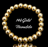 Hematite 14k Gold Custom Size Round Smooth Stretch (8mm) Natural Gemstone Crystal Energy Bead Bracelet