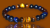 Triple Protection - Three Bracelet Bundle Pack: Tiger’s Eye Trinity + 7 Chakra + Malachite Custom Size Round Stretch (8mm) Natural Gemstone Crystal Energy Bead Bracelets (Set of 3 Bracelets)