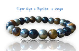 Triple Protection Tiger Eye - Onyx - Pyrite Crystal Gemstone Rustic Energy Bead Bracelet