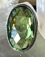 Peridot Natural Faceted Gemstone .925 Sterling Silver Oval Statement Ring (Size: 8)