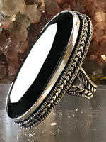 Obsidian Black Faceted Natural Gemstone .925 Sterling Silver Oval Statement Ring (Size 7.5)