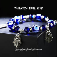 Evil Eye Turkish Hamsa Hand multiple Charms Stretch Bead Crystal Energy Bracelet