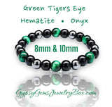 Tiger Eye Green - Onyx - Hematite Triple Protection Energy Bracelets (8mm and 10mm beads)