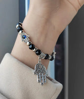 Evil Eye Hamsa Hand Charm Black Crystal Bead Energy Bracelet