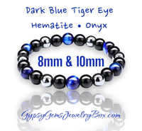 Triple Protection - Tiger Eye Royal Blue + Black Onyx + Hematite Custom Size Round Smooth Stretch (8mm or 10mm beads) Natural Gemstone Crystal Energy Bead Bracelet
