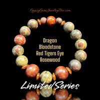 Intention - “I Am Dragon” Dragon Bloodstone + Red Tigers Eye + Rosewood Green Red Brown Round Smooth Stretch (12mm Grandi) Natural Gemstone Crystal Energy Bead Bracelet Limited Series