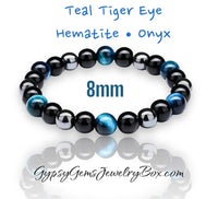 Triple Protection Crystal Gemstone Tiger Eye Teal Blue - Onyx - Hematite Energy Bead Bracelets (8mm and 10mm beads)