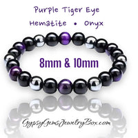 Triple Protection Tiger Eye Purple - Onyx - Hematite Gemstone Crystal Energy Bead Bracelets (8mm and 10mm beads)