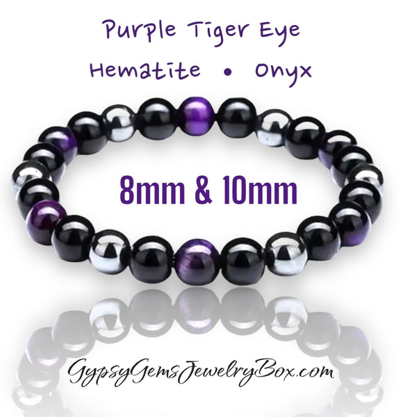 Tiger Eye Purple - Onyx - Hematite Triple Protection Energy Bracelets (8mm and 10mm beads)