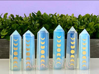 Opalite Moonstone Etched Gold Moon Phases Large Obelisk Point Crystal Tower