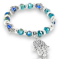 Evil Eye Hamsa Hand Charm Green Crystal Bead Energy Bracelet