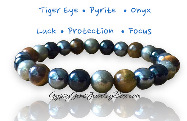 Tiger Eye - Onyx - Pyrite Triple Protection Rustic Energy Bead Bracelet
