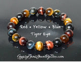 TIGER EYE TRINITY Multi Color Red Yellow Blue Gemstone Energy Bead Bracelet Grande 10mm