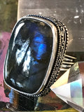 Labradorite Rainbow Natural Gemstone .925 Sterling Silver Oblong Statement Ring (Size 8.75)
