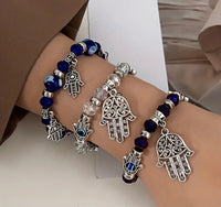 Evil Eye Hamsa Hand Charm Gray Lava Stone Crystal Bead Energy Bracelet