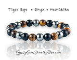 Triple Protection - Tiger Eye Yellow Golden Brown + Black Onyx + Hematite Custom Size Round Smooth Stretch (8mm or 10mm beads) Natural Gemstone Crystal Energy Bead Bracelet