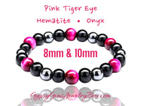 Tiger Eye Pink Rose - Onyx - Hematite Triple Protection Energy Bracelets (8mm and 10mm beads)