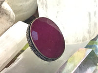 Ruby Natural Faceted Gemstone .925 Sterling Silver Oval Statement Ring (Size 8.5)