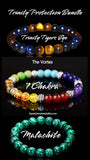 Trinity Protection Three Bracelet Bundle Pack: TIGER EYE Trinity • 7 Chakra • Malachite Crystal Gemstone Energy Bead Bracelets Set of 3  (8mm)