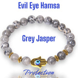 Jasper - Map Stone Gray + Evil Eye Hamsa (Gold or Silver) Custom Size Round Smooth Stretch (8mm) Natural Gemstone Crystal Energy Bead Bracelet