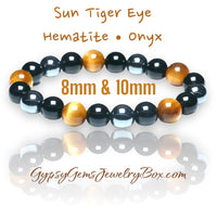 Triple Protection - Tiger Eye Yellow Golden Sun + Black Onyx + Hematite Custom Size Round Smooth Stretch (8mm or 10mm beads) Natural Gemstone Crystal Energy Bead Bracelet